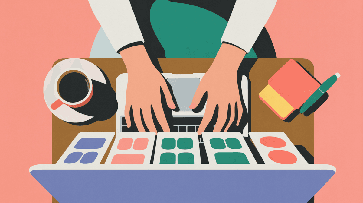 Overhead view of hands working on laptop with design mockups and planning materials on desk