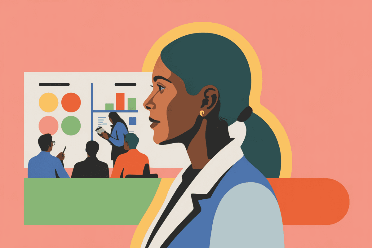 Professional woman leading collaborative team discussion in bright modern workspace