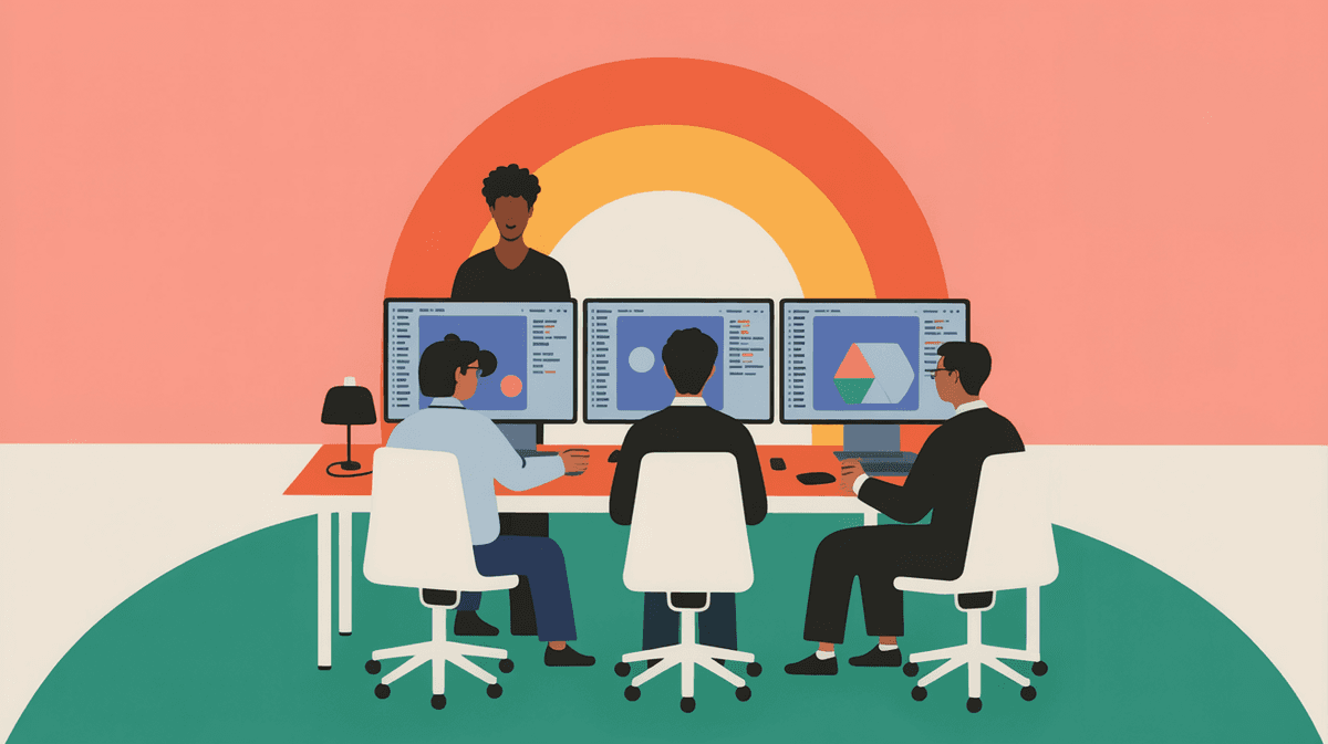 Software development team collaborating in modern open-plan studio with natural lighting and monitors