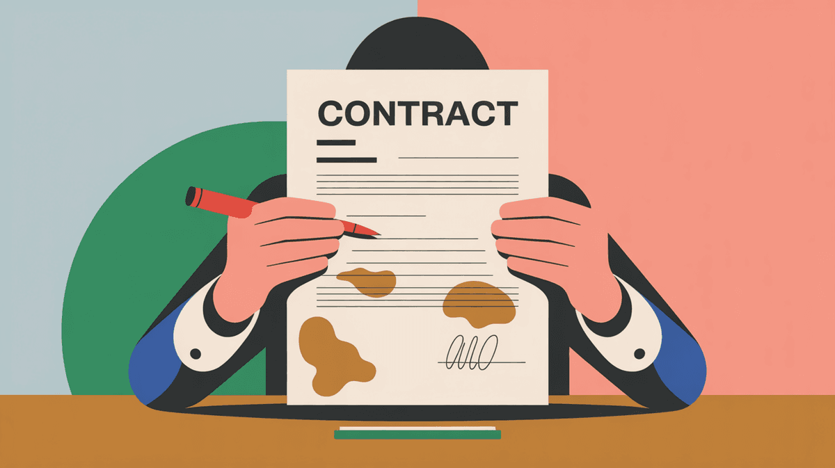 Close-up of hands reviewing contract documents with red pen on desk, suggesting the complexity of fixed-price negotiations