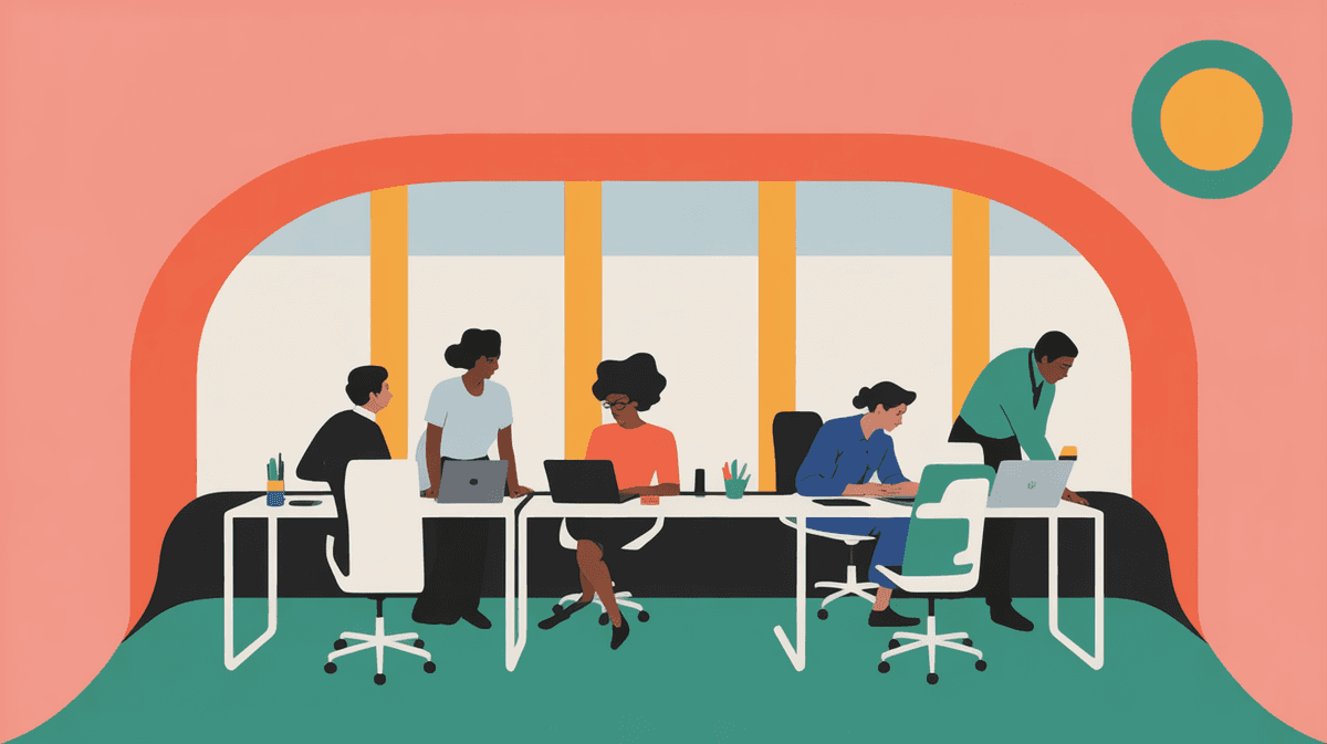 Bright modern coworking space with professionals collaborating at various workstations, natural lighting through large windows