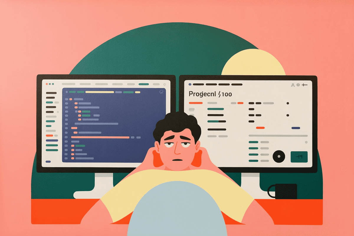 Developer at workstation with dual monitors, appearing contemplative about project timelines and tracking