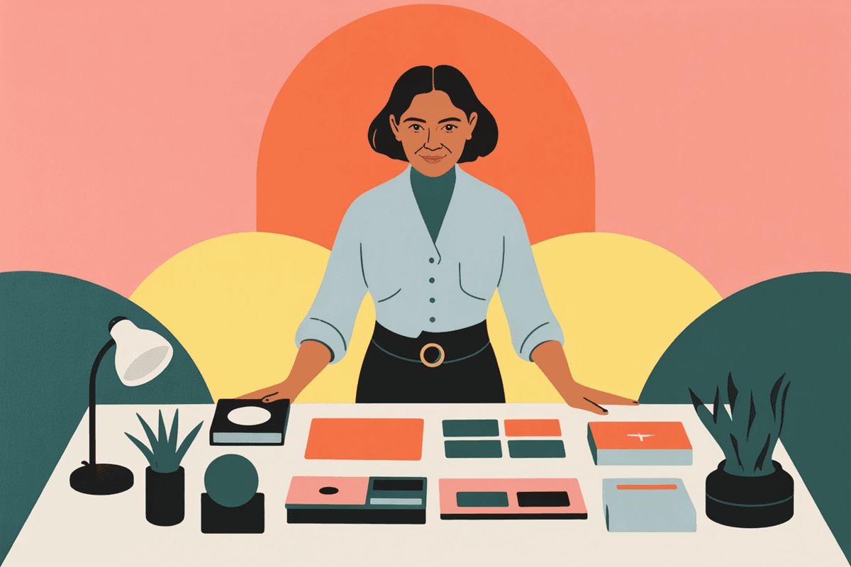 Professional studio founder reviewing project materials at modern standing desk workspace
