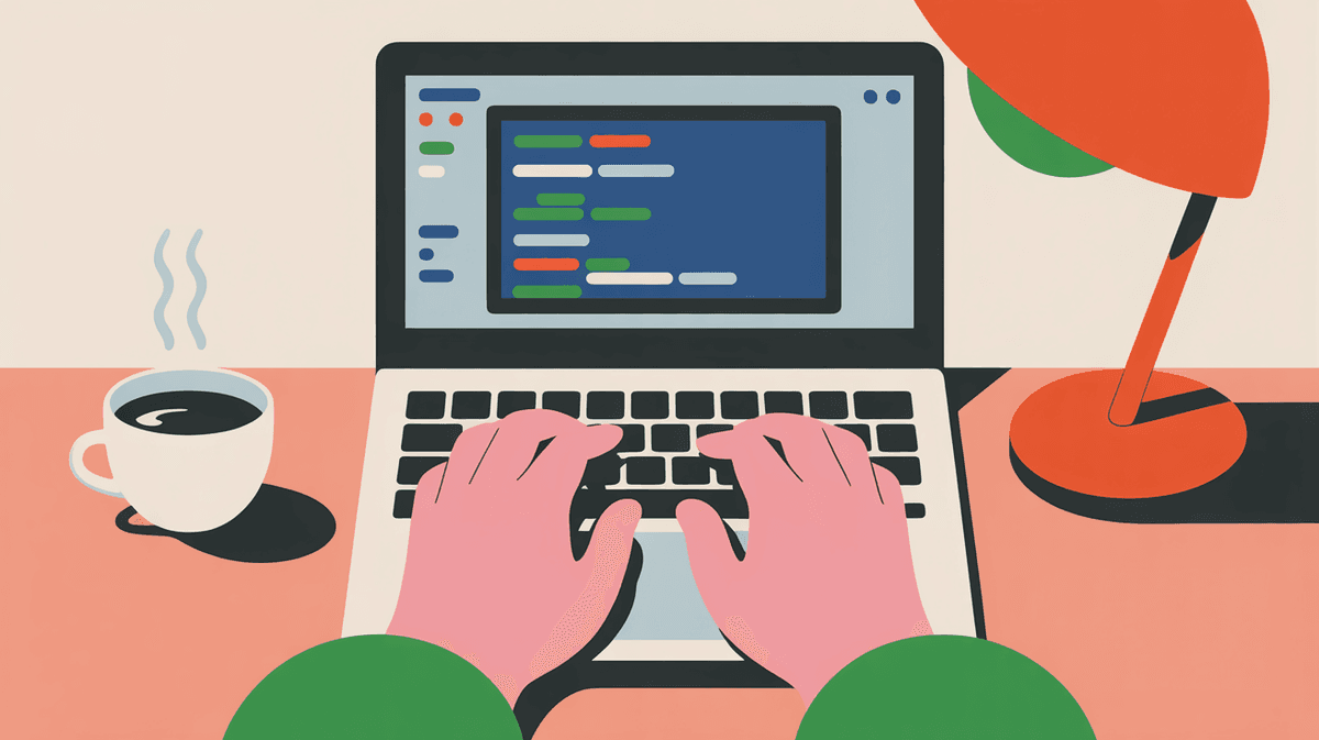 Close-up of developer's hands typing on laptop with warm natural lighting and coffee nearby