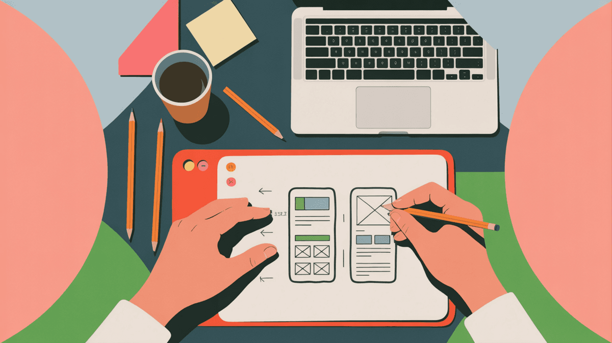 Overhead view of hands sketching software interface wireframes on paper at desk with coffee
