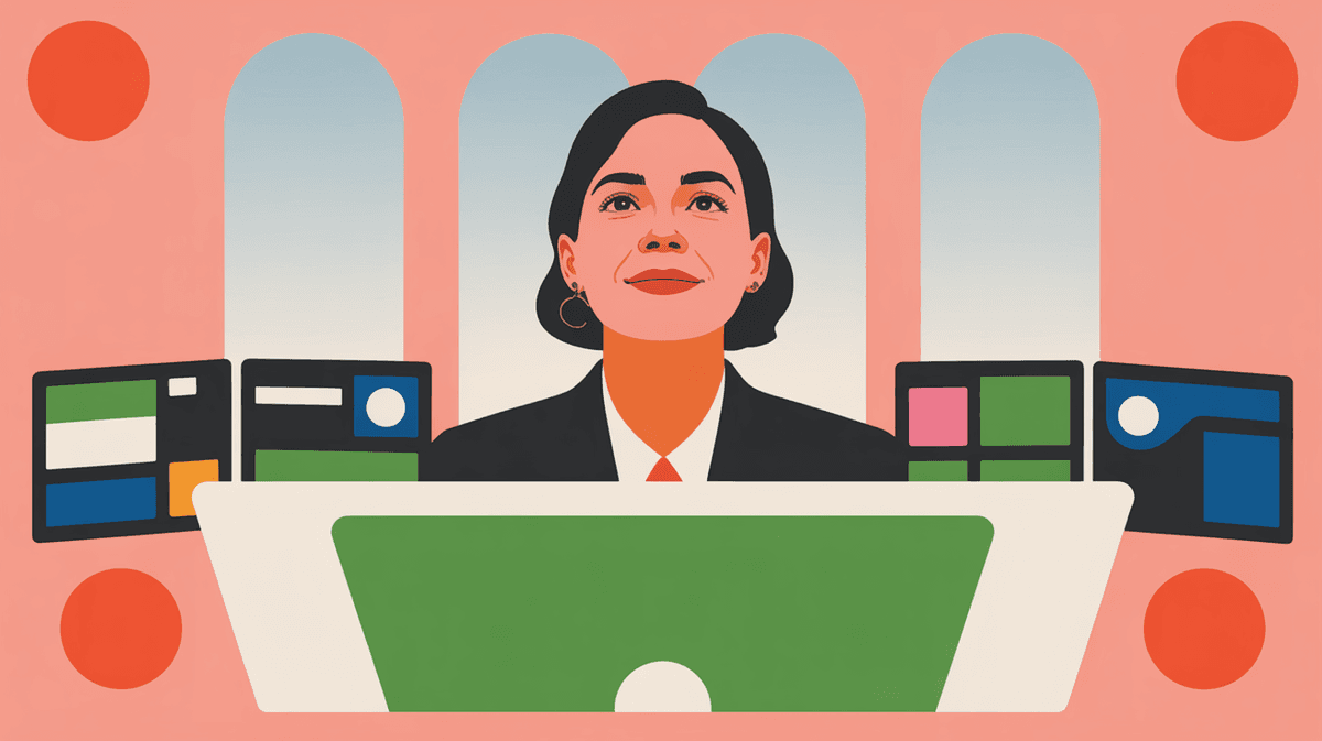 Professional woman confidently working at standing desk with multiple monitors in modern office