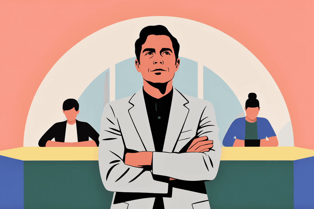 Confident entrepreneur standing in bright modern coworking space with natural backlighting