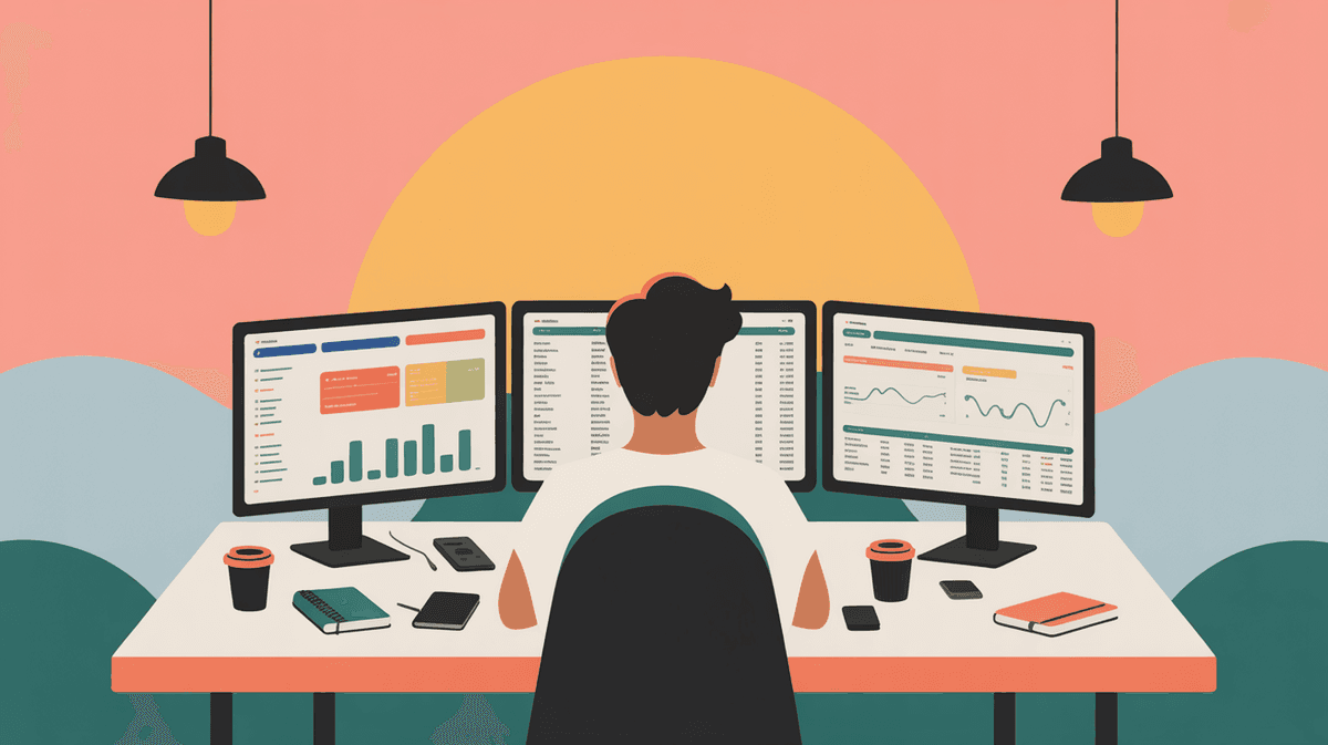 Entrepreneur working alone in modern office at sunset, reviewing financial data on multiple monitors