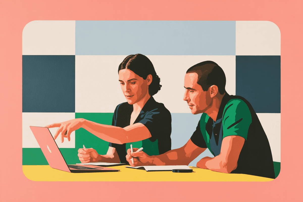 Two business professionals collaborating over laptop in bright modern meeting space