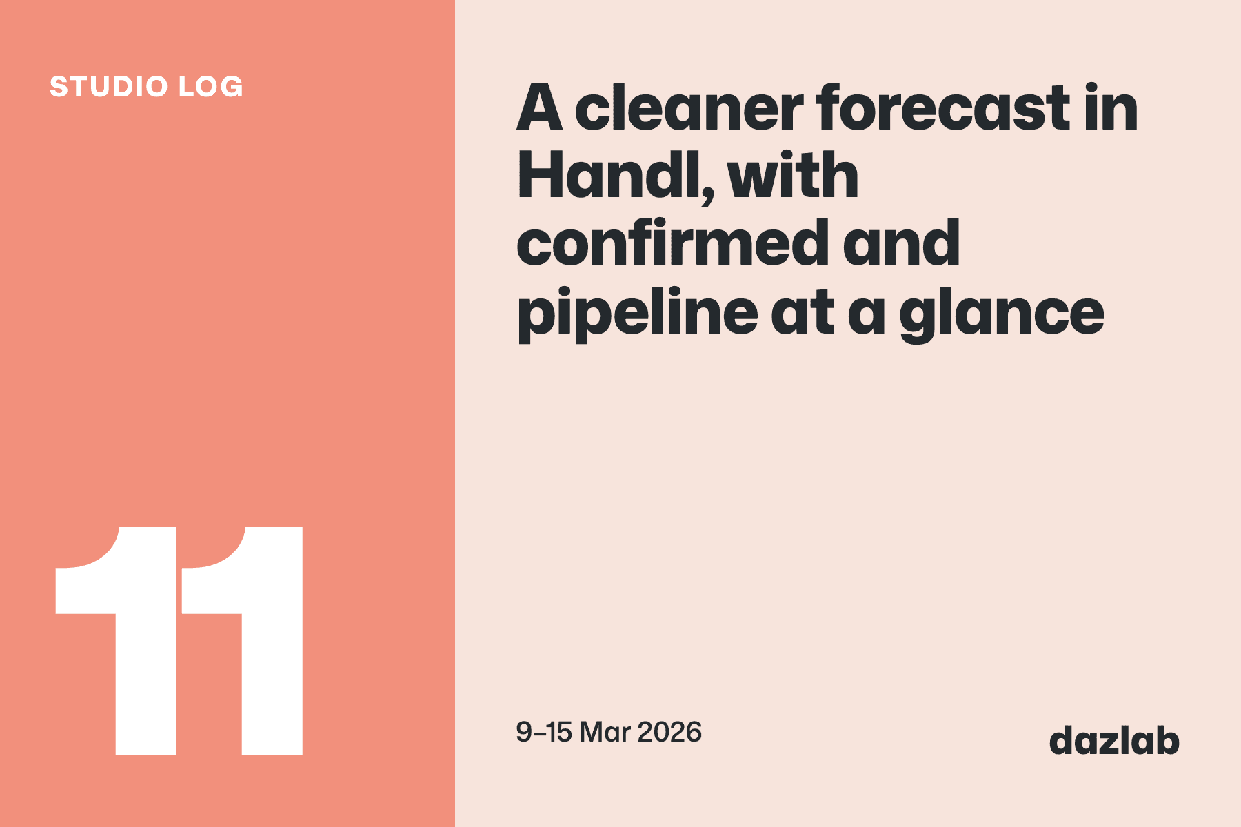 Studio log card: Studio log, week 11: a cleaner forecast in Handl, with confirmed and pipeline at a glance
