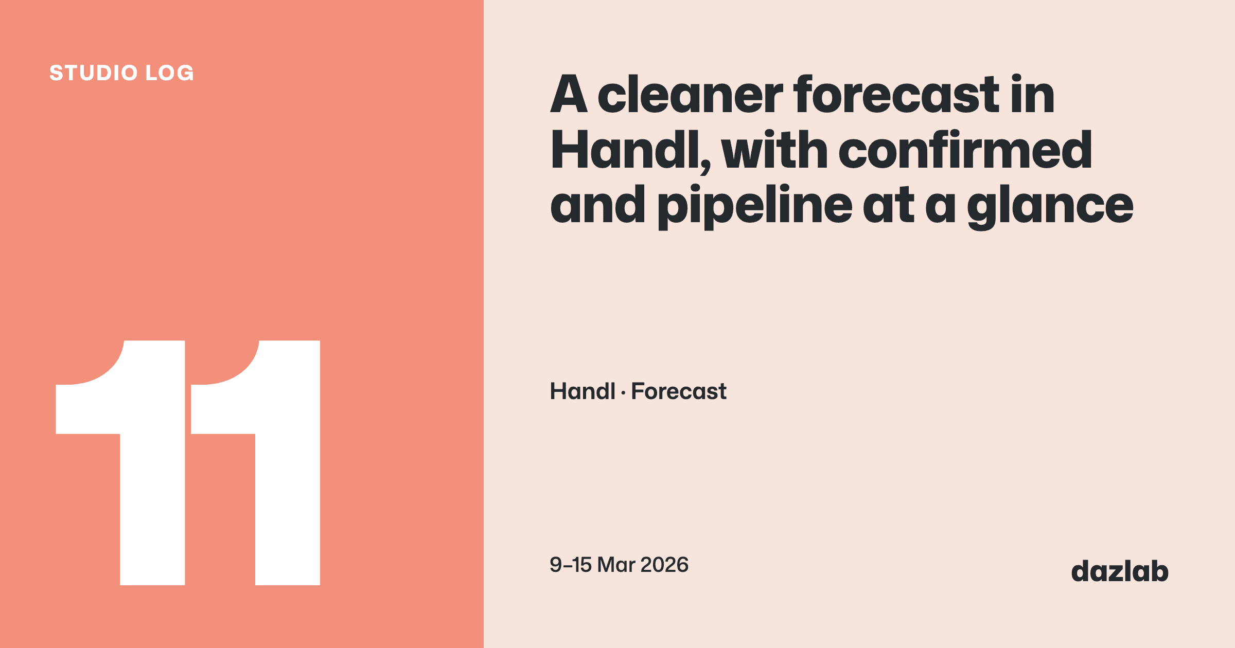 Studio log cover: Studio log, week 11: a cleaner forecast in Handl, with confirmed and pipeline at a glance