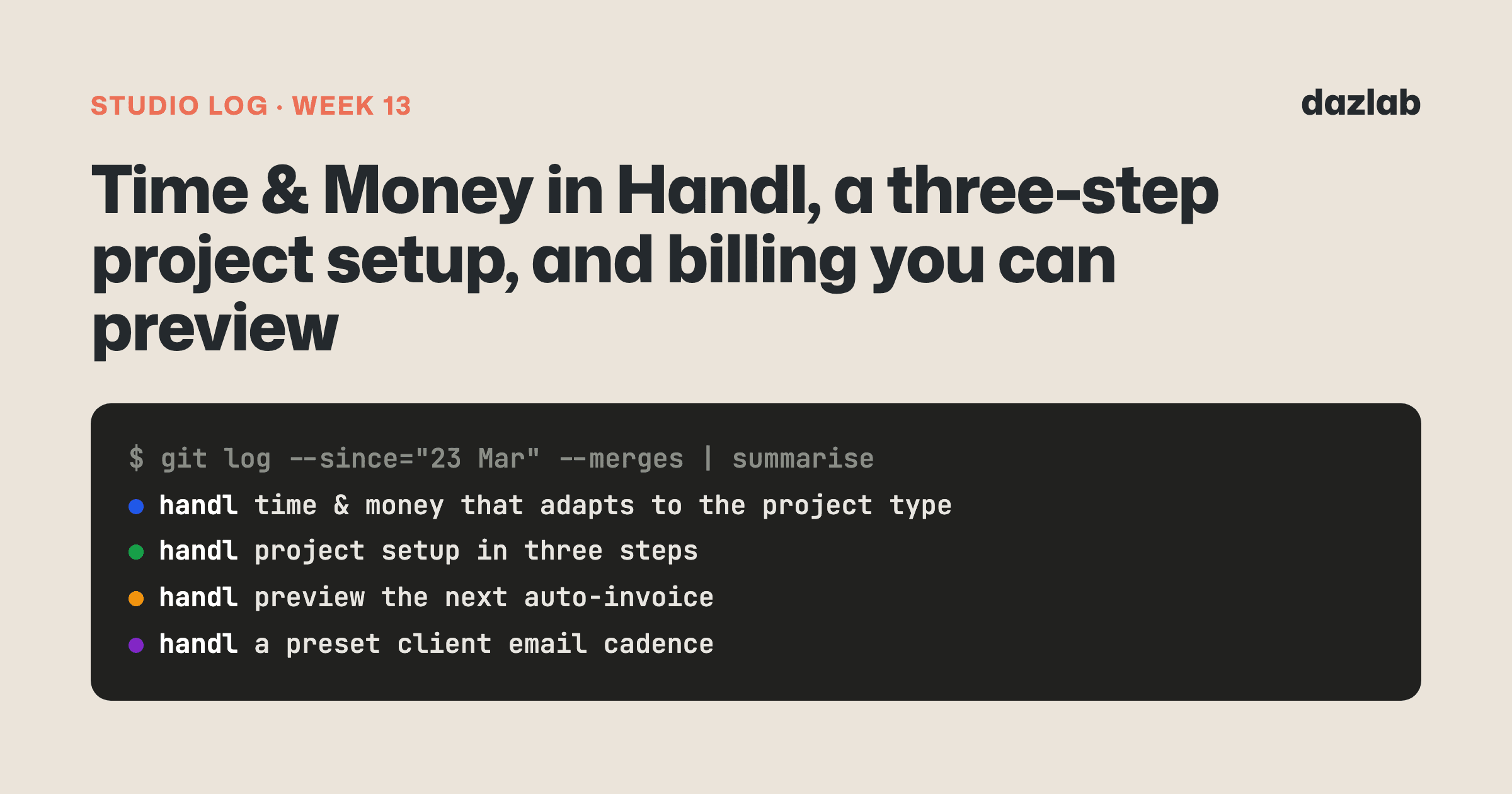 Studio log cover: Studio log, week 13: Time & Money in Handl, a three-step project setup, and billing you can preview