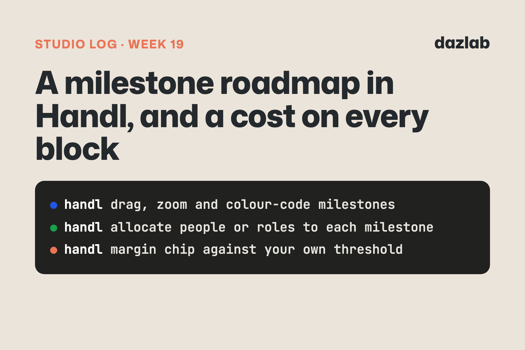 Studio log card: Studio log, week 19: a milestone roadmap in Handl, and a cost on every block