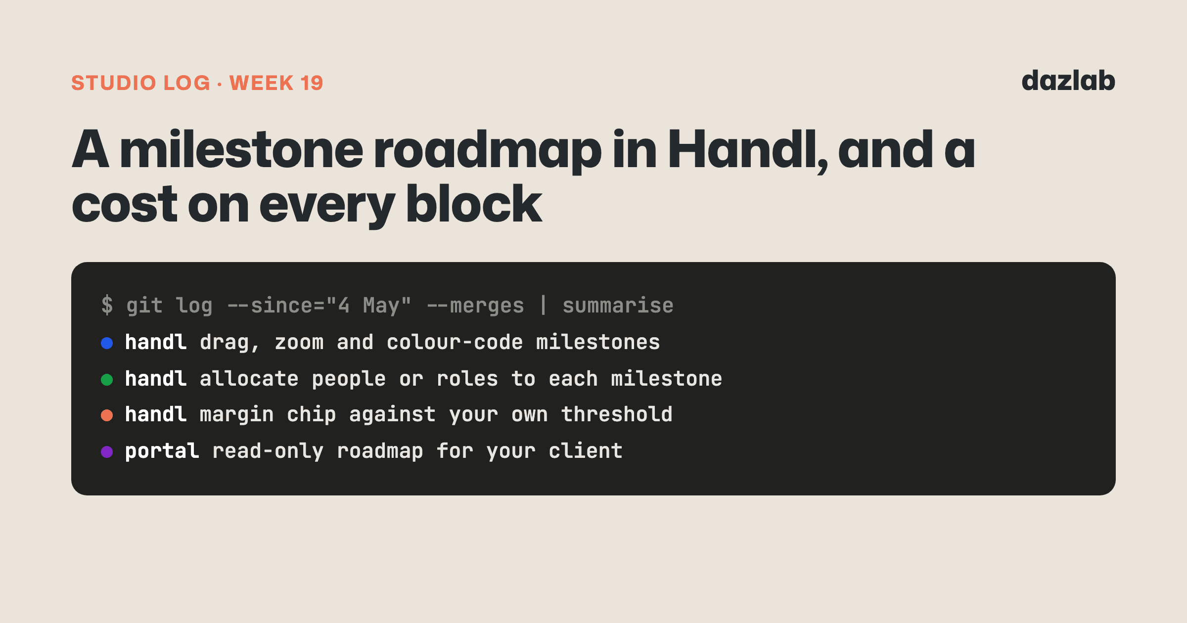 Studio log cover: Studio log, week 19: a milestone roadmap in Handl, and a cost on every block
