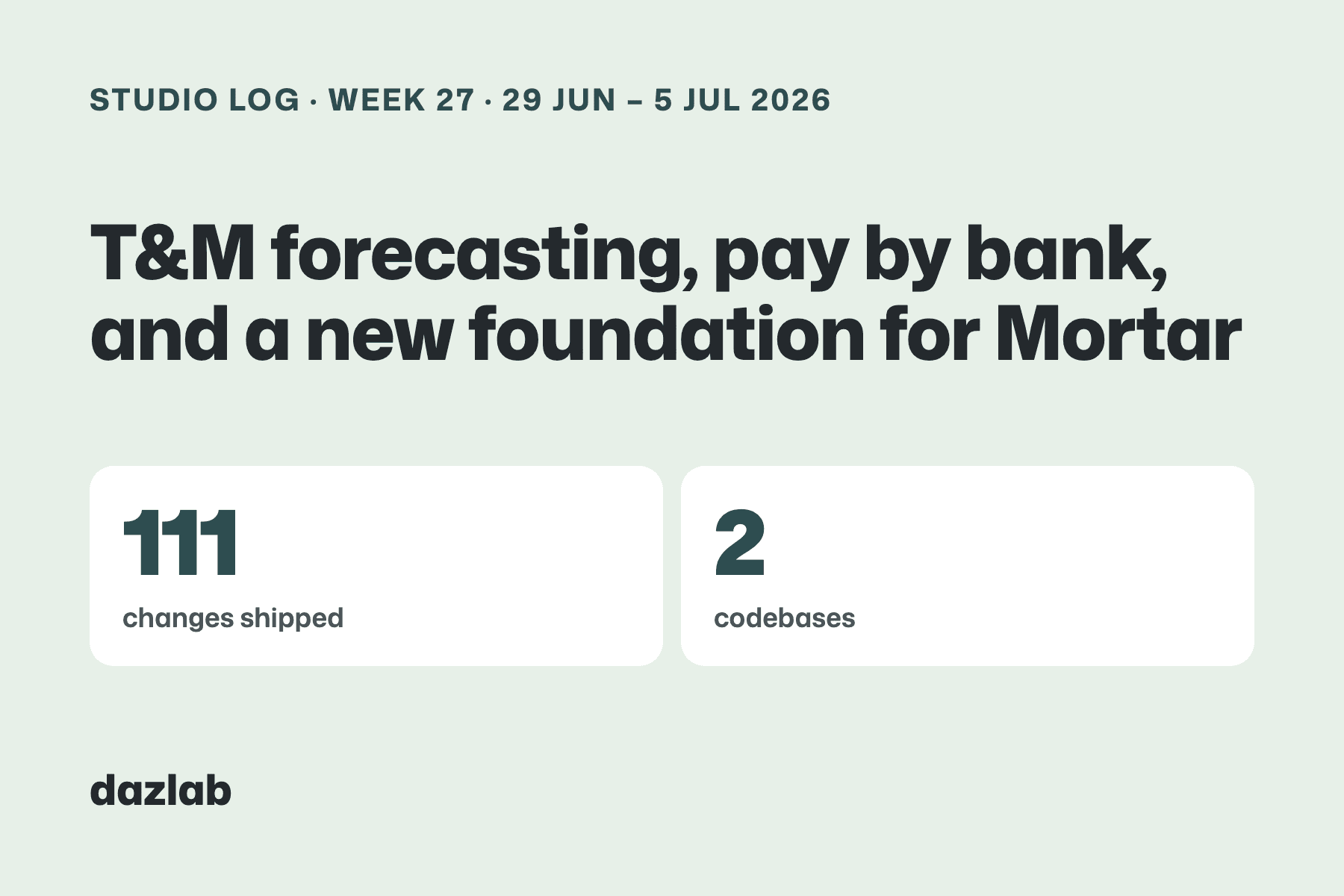 Studio log card: Studio log, week 27: T&M forecasting in Handl, pay by bank, and a new foundation for Mortar