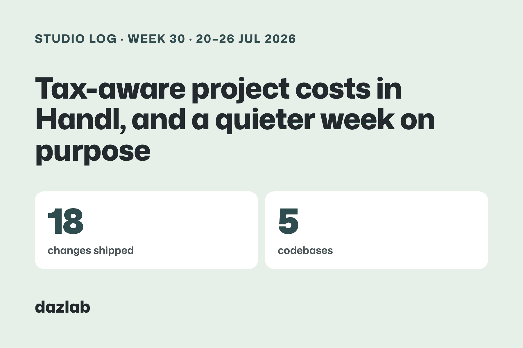 Studio log card: Studio log, week 30: tax-aware project costs in Handl, and a quieter week on purpose