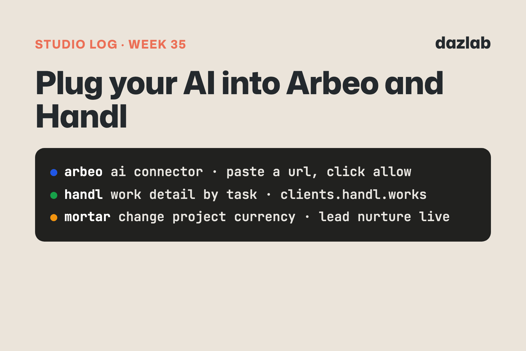 Studio log card: Studio log, week 35: plug your AI into Arbeo and Handl, a clearer invoice Work detail, and Mortar's lead follow-up