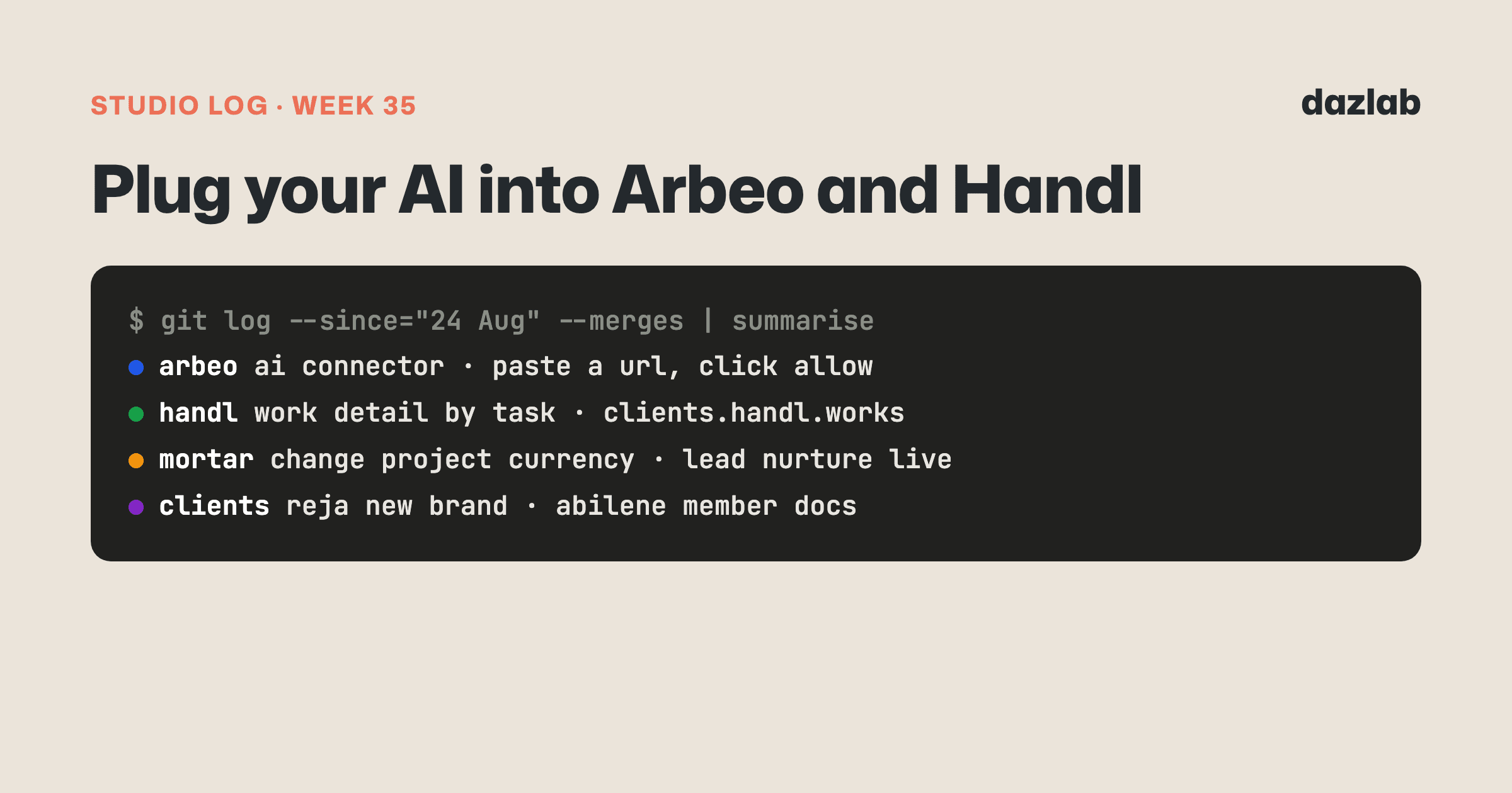 Studio log cover: Studio log, week 35: plug your AI into Arbeo and Handl, a clearer invoice Work detail, and Mortar's lead follow-up