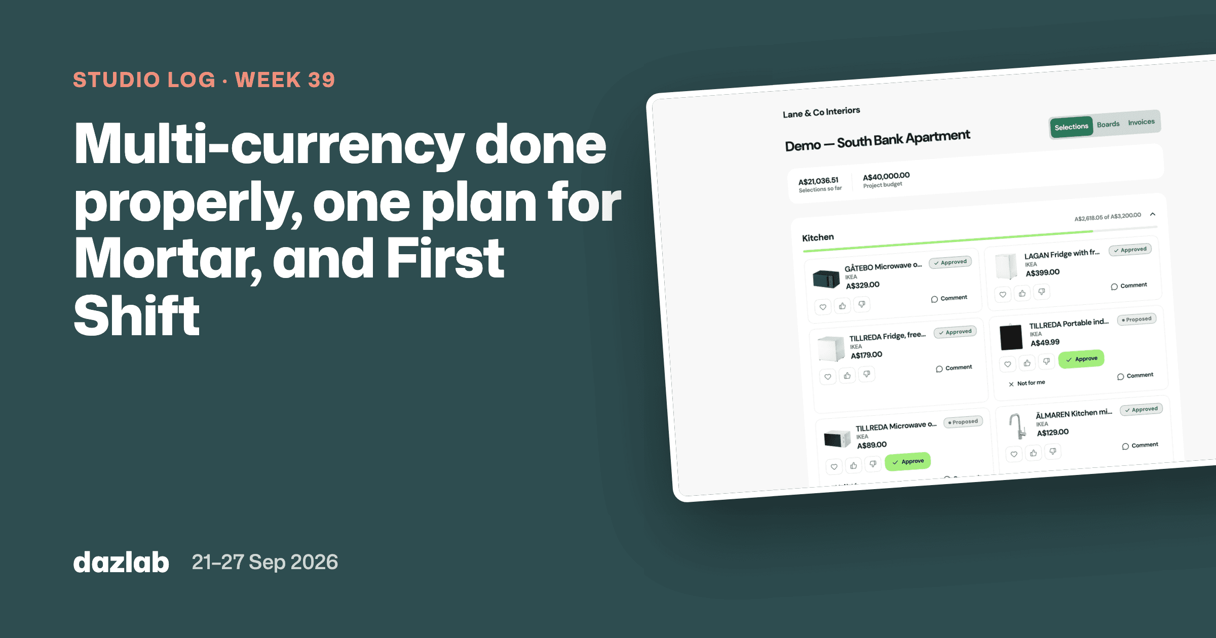 Studio log cover: Studio log, week 39: multi-currency done properly, one plan for Mortar, and First Shift