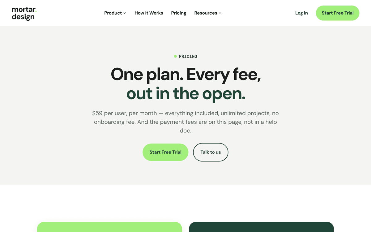 Mortar pricing page: one plan, $59 per user per month