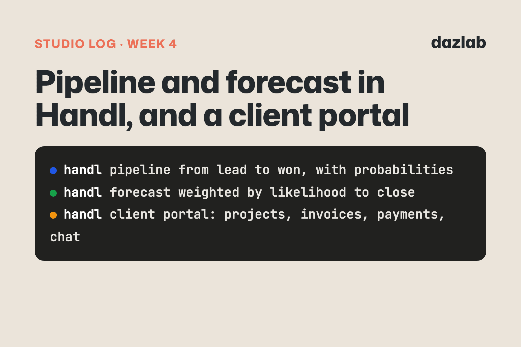 Studio log card: Studio log, week 4: pipeline and forecast in Handl, and a client portal for your clients