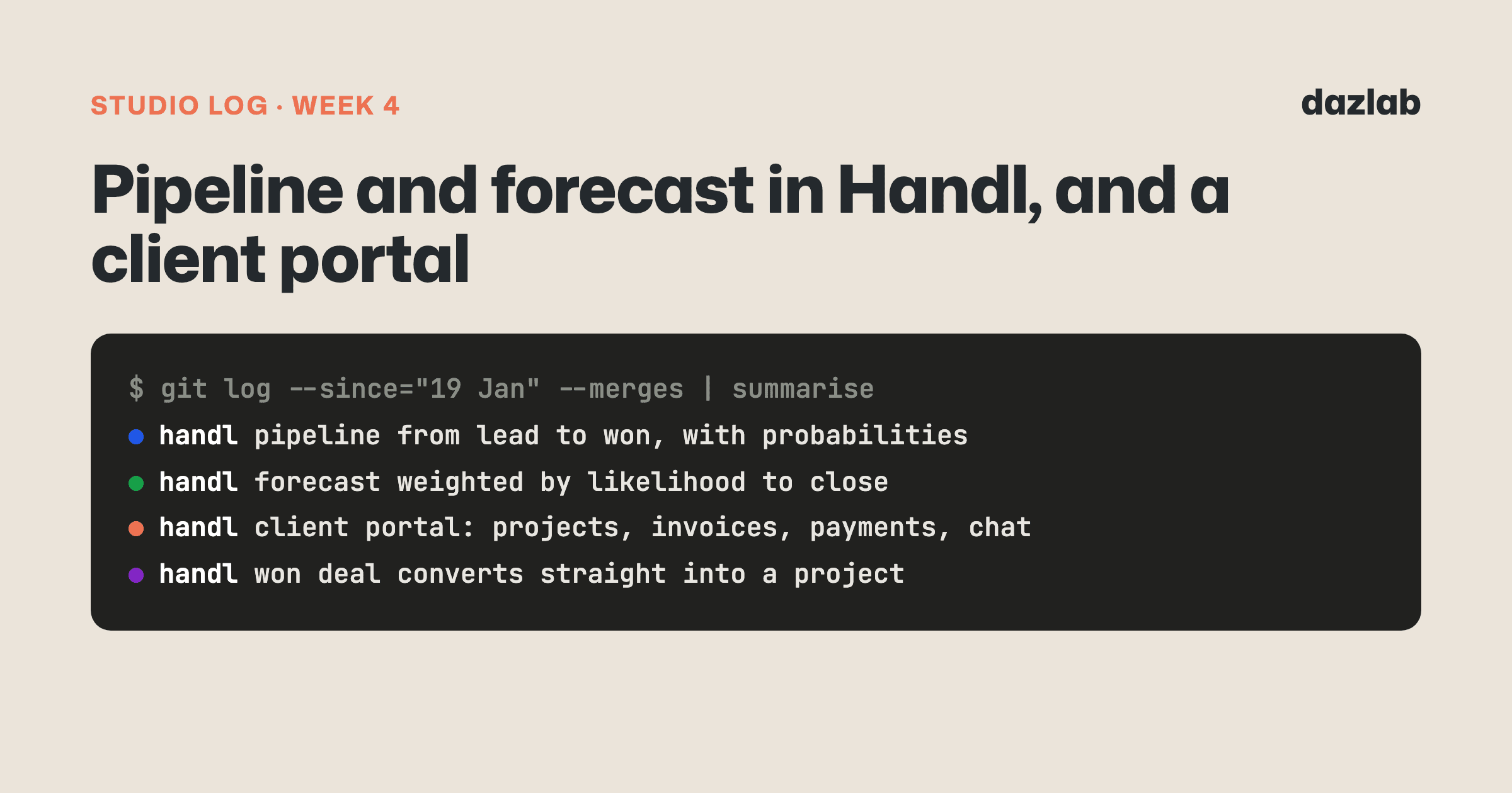 Studio log cover: Studio log, week 4: pipeline and forecast in Handl, and a client portal for your clients