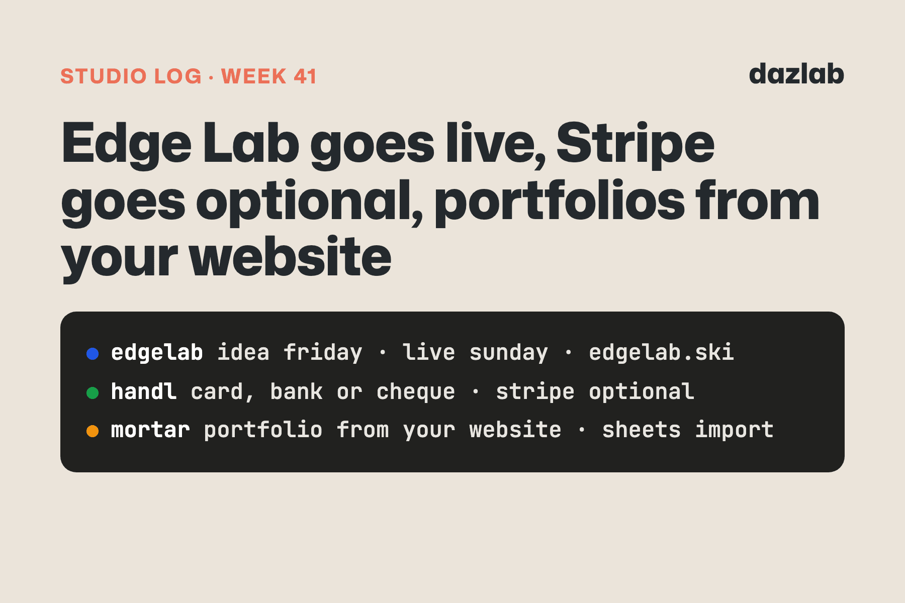 Studio log card: Studio log, week 41: Edge Lab goes live, Stripe goes optional in Handl, and Mortar builds your portfolio