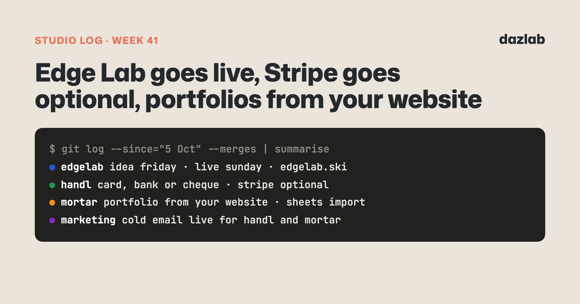 Studio log cover: Studio log, week 41: Edge Lab goes live, Stripe goes optional in Handl, and Mortar builds your portfolio