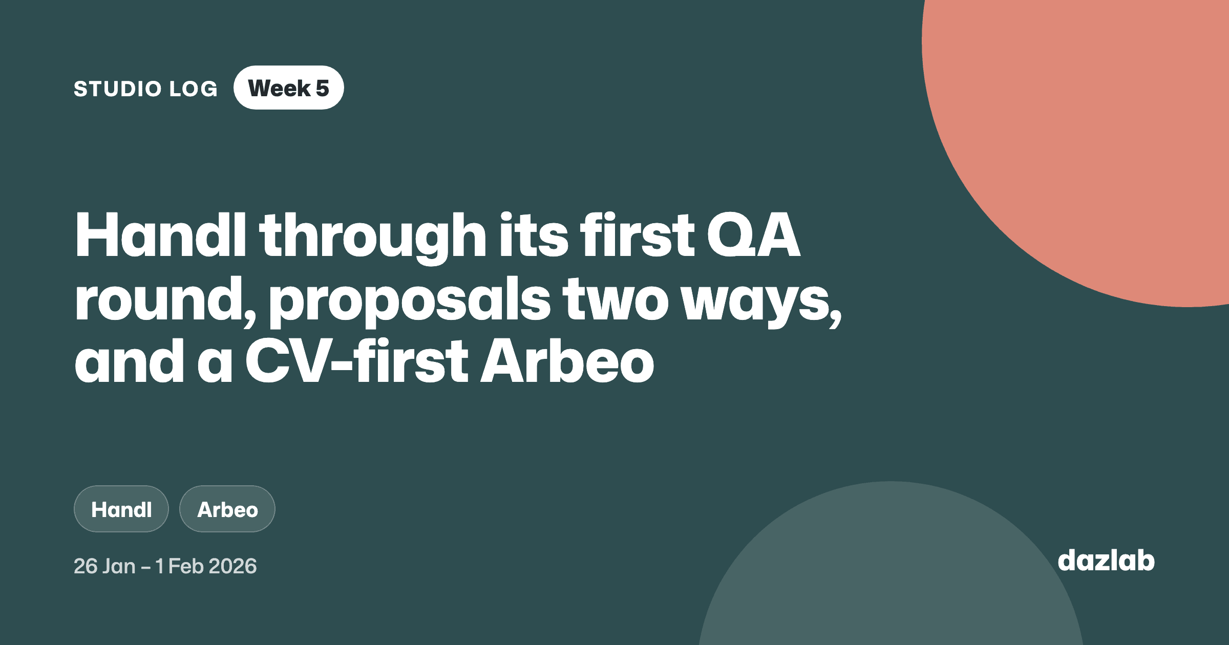 Studio log cover: Studio log, week 5: Handl through its first QA round, proposals two ways, and a CV-first Arbeo