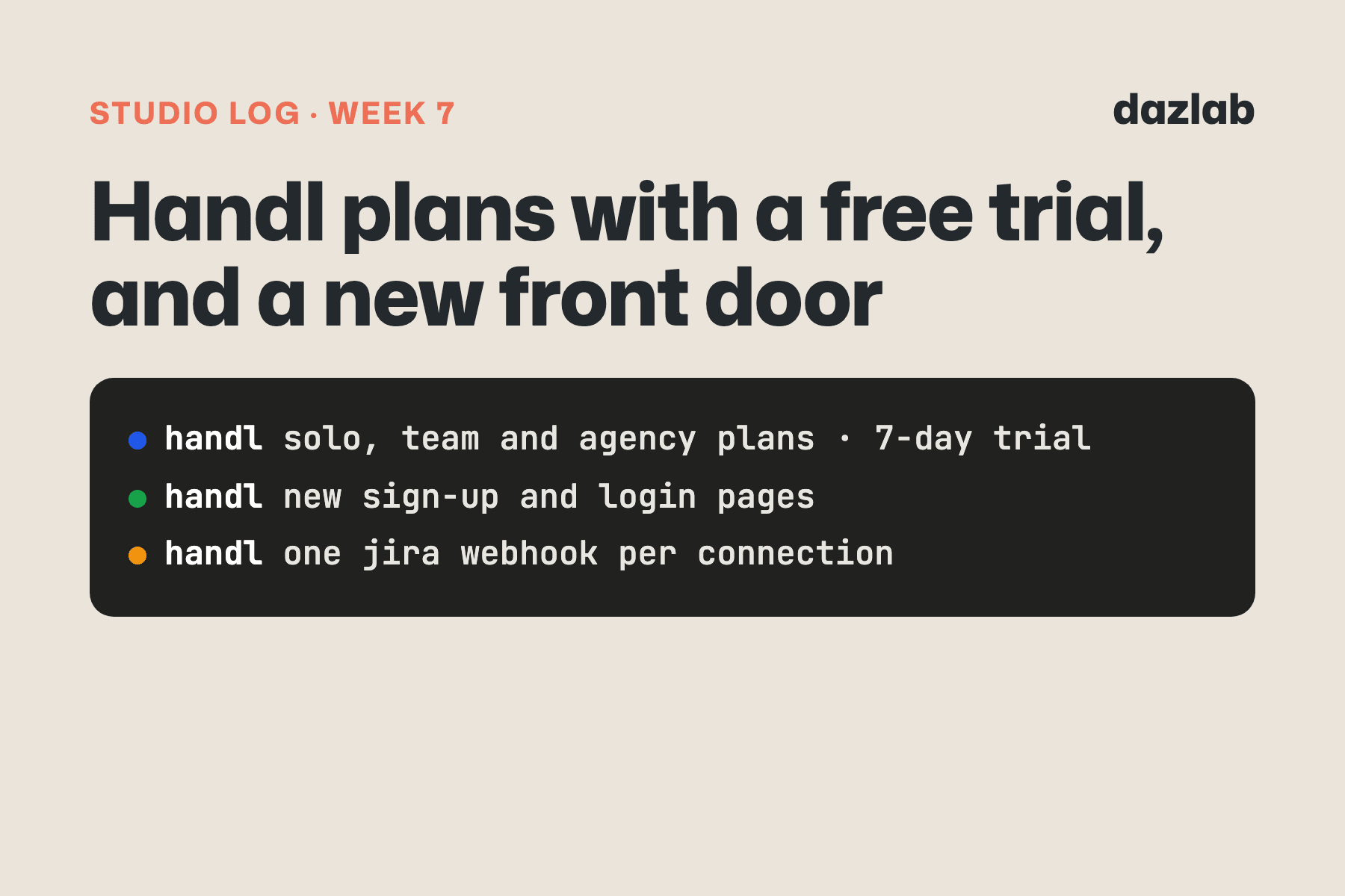 Studio log card: Studio log, week 7: Handl plans with a free trial, and a new front door