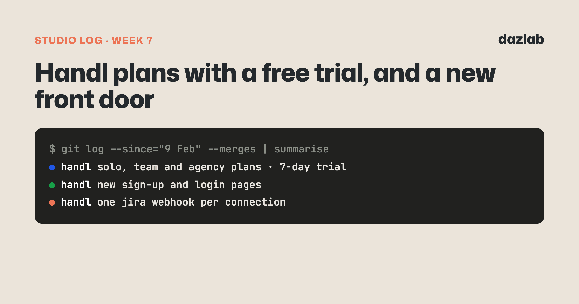 Studio log cover: Studio log, week 7: Handl plans with a free trial, and a new front door